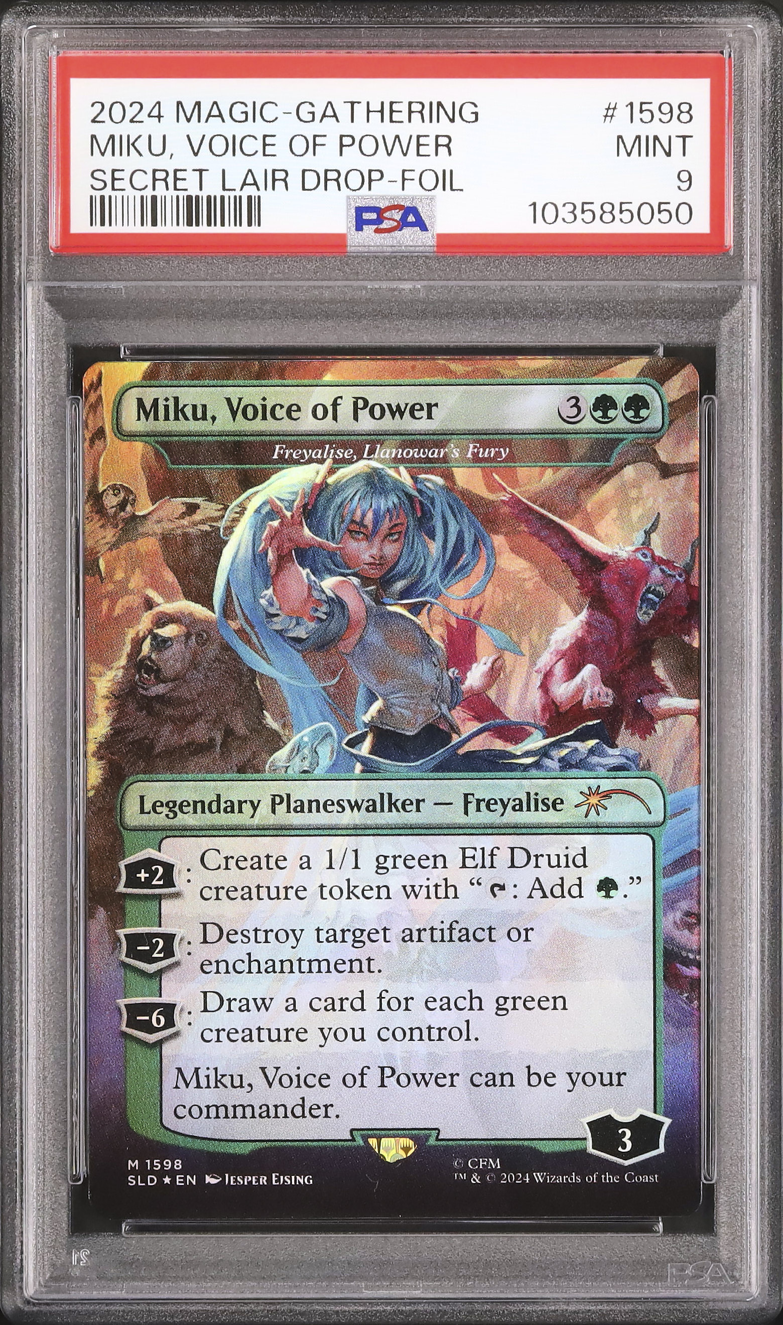2024 Miku, Voice of Power/Freyalise, Llanowar's Fury PSA 9 Borderless