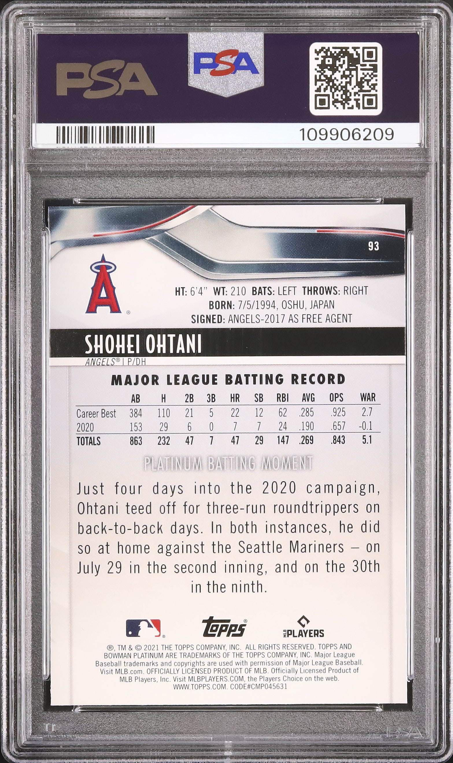 2021 大谷翔平 PSA 10 アイスホイル - カルドバ